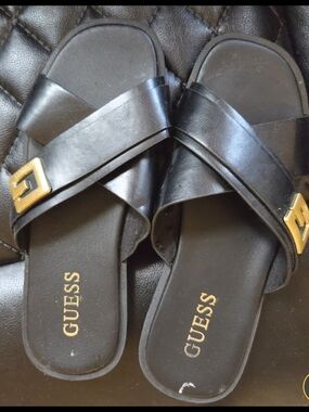GUESS Black Slide Sandals with Gold Logo Accent